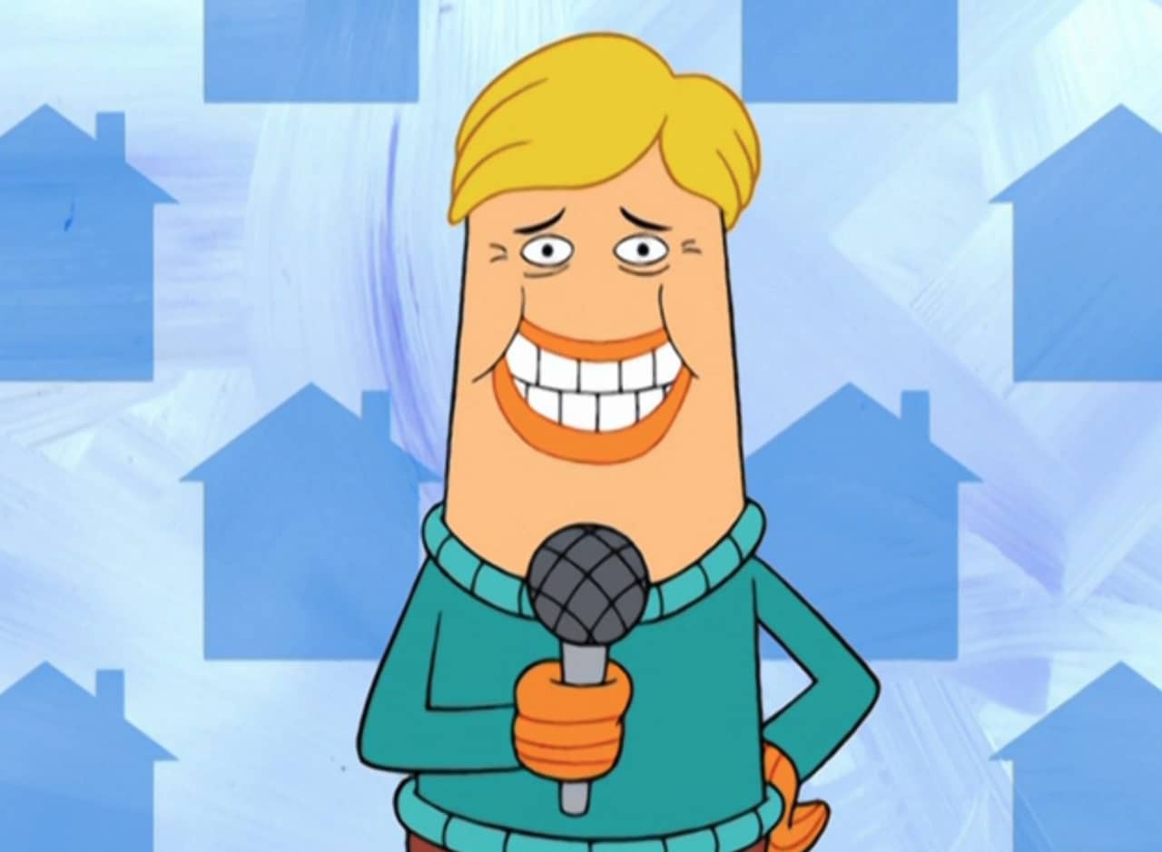 Nicholas Withers, a fish with a big grin, blonde hair, and green sweater