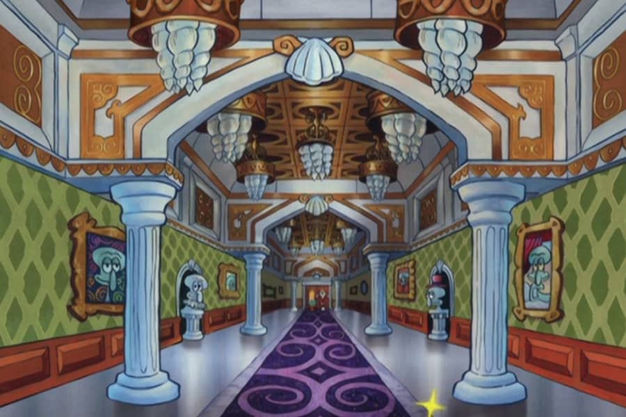 a grand hallway with columns, sculptures, and chandeliers